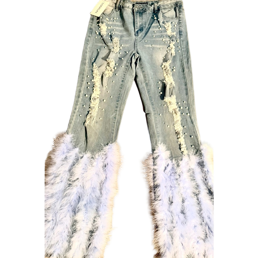 Light Blue Feather-Trim Wide Leg Jeans with Pearl Embellishment